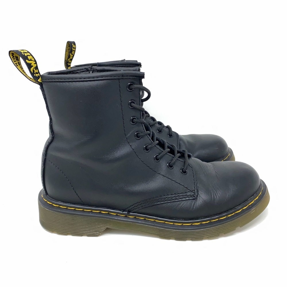 Dr. Martens Black Leather 8-Eye Lace-Up Boots with Yellow Stitching